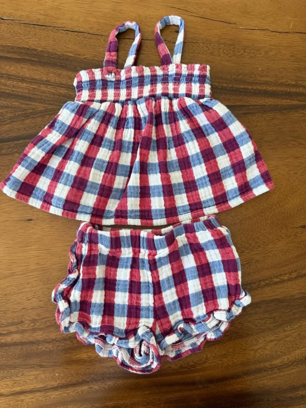 Cat & Jack Girls Red, White & Blue Check Tank Top and Ruffle Shorts Set 12M